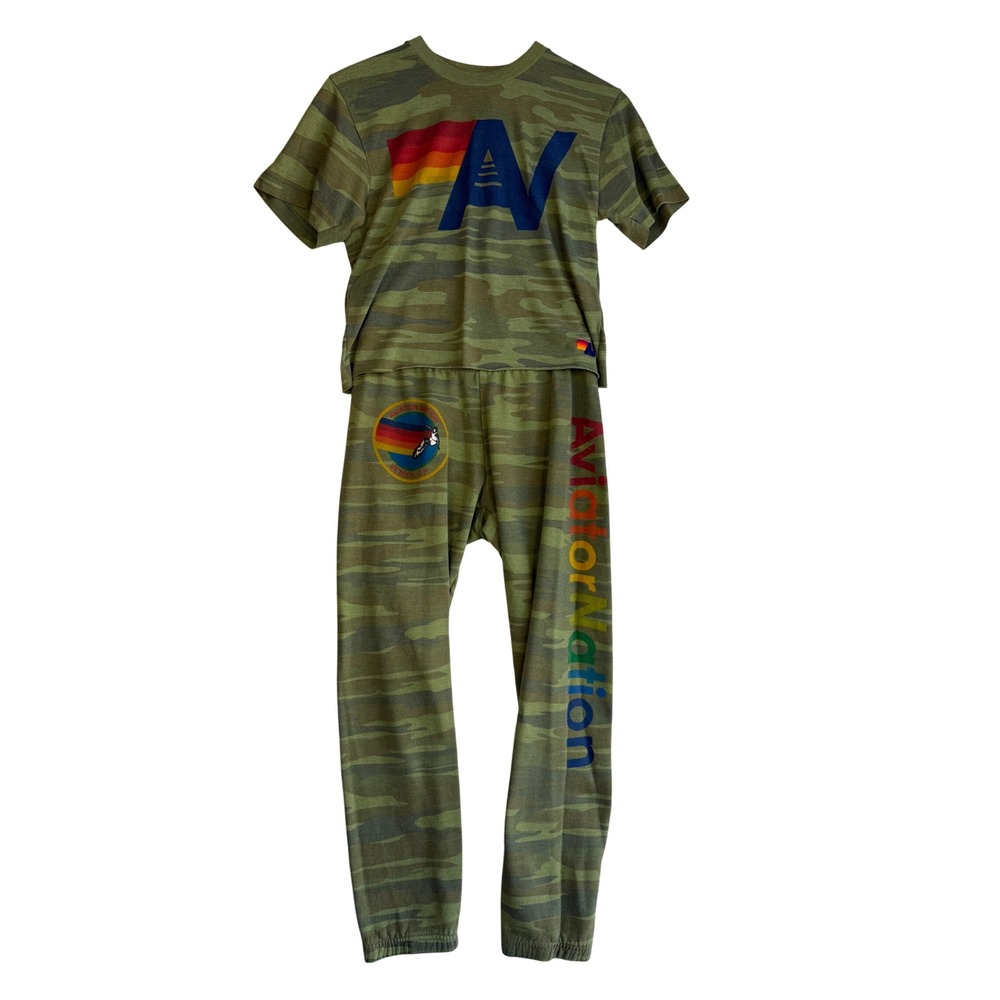 Aviator Nation Womens Camo Rainbow Logo Tee and Joggers Set XS